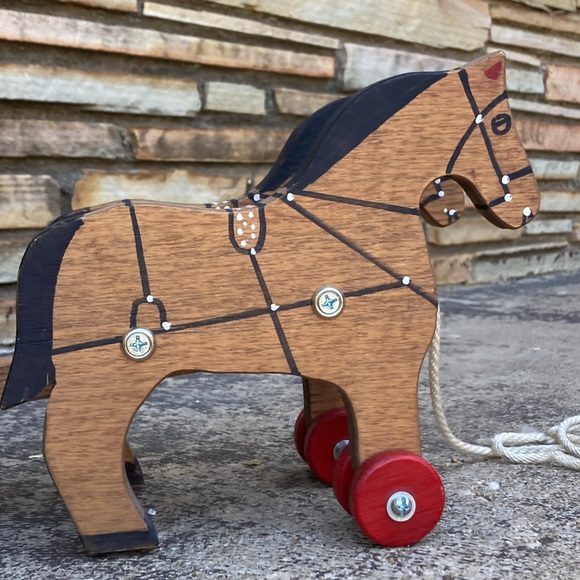 Vintage EUC Wooden 2 Horses & Wagon Pull Toy - Picture 8 of 12